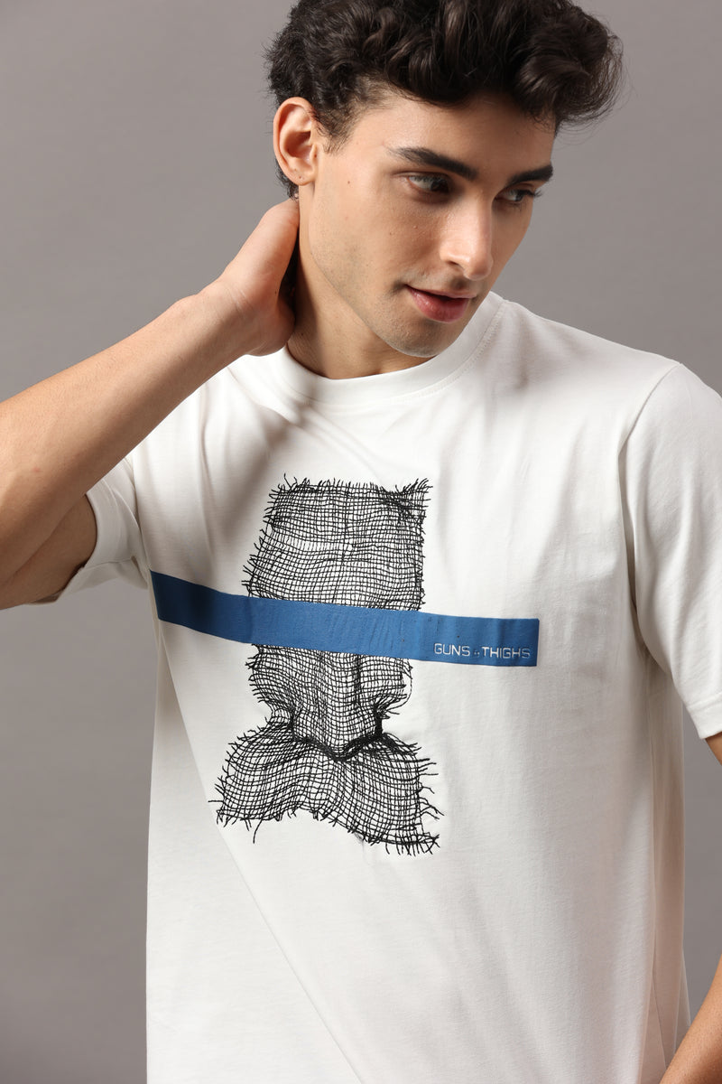 Raw Edge Embroidered - Silicon Printed Crew Neck T-Shirt - Milk White