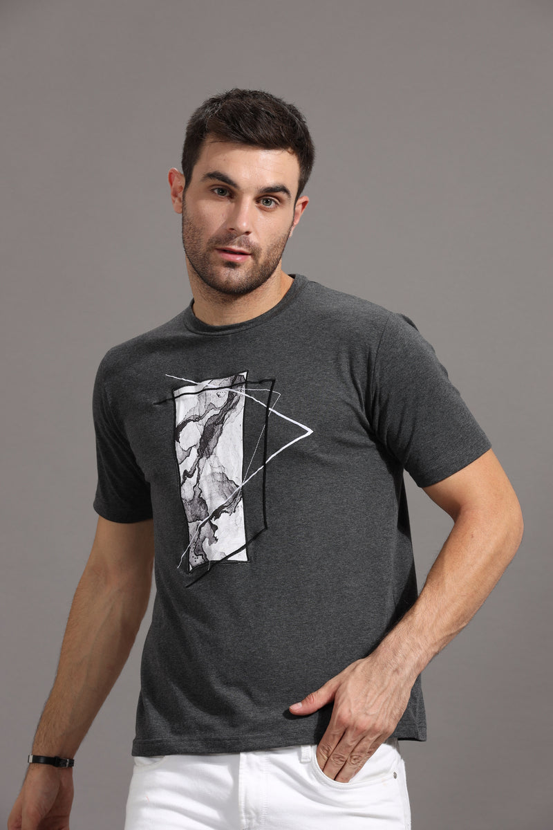 Abstract Printed - Crew Neck T-Shirt with Embroidery - Dark Melange