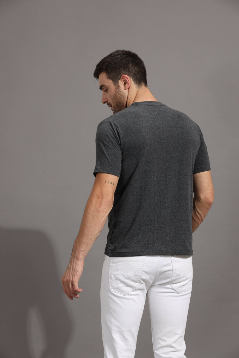 Abstract Printed - Crew Neck T-Shirt with Embroidery - Dark Melange