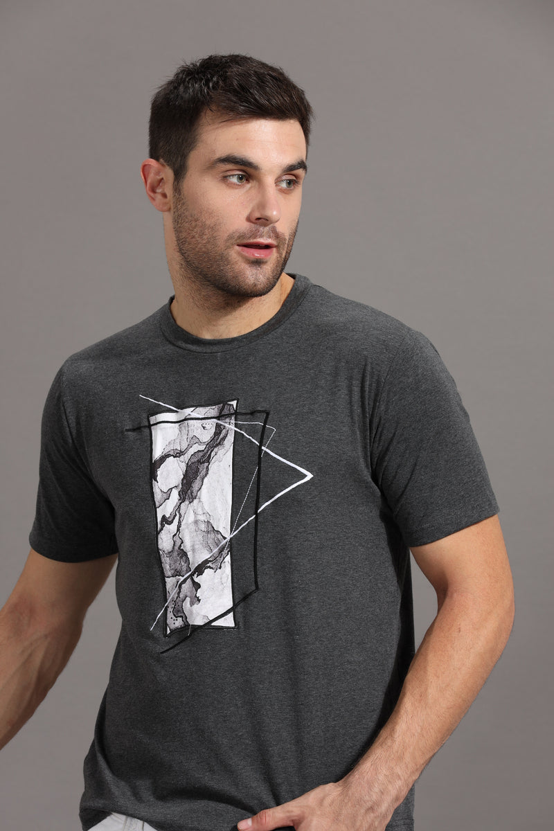 Abstract Printed - Crew Neck T-Shirt with Embroidery - Dark Melange