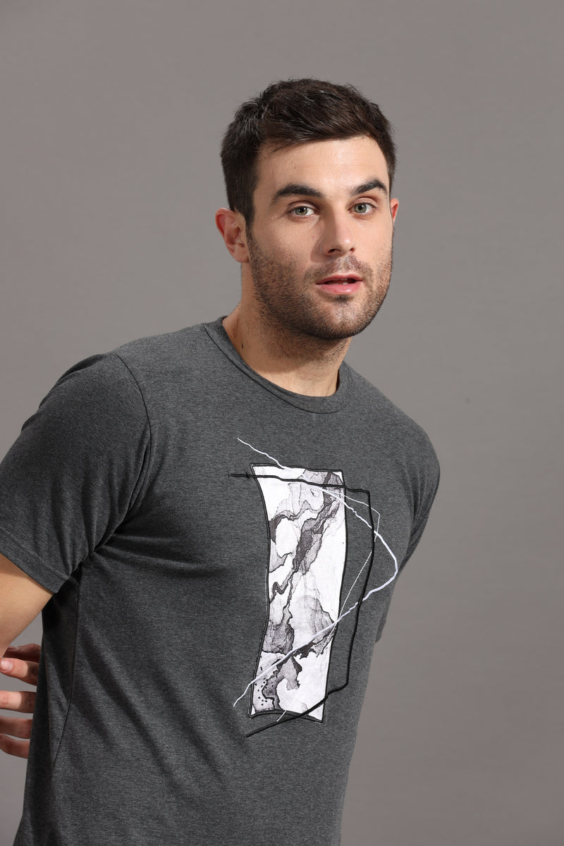 Abstract Printed - Crew Neck T-Shirt with Embroidery - Dark Melange