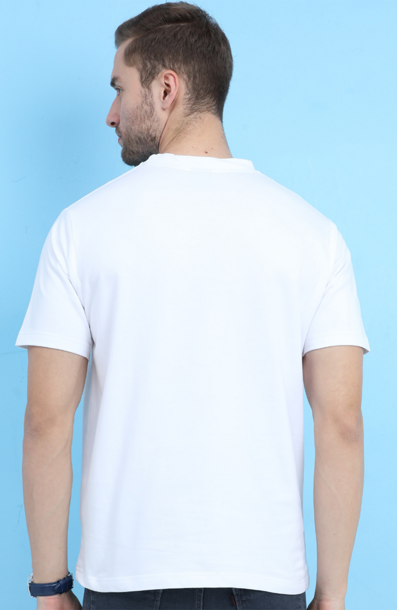 Flock Printed - Crew Neck Self Ribbed T-Shirt - White